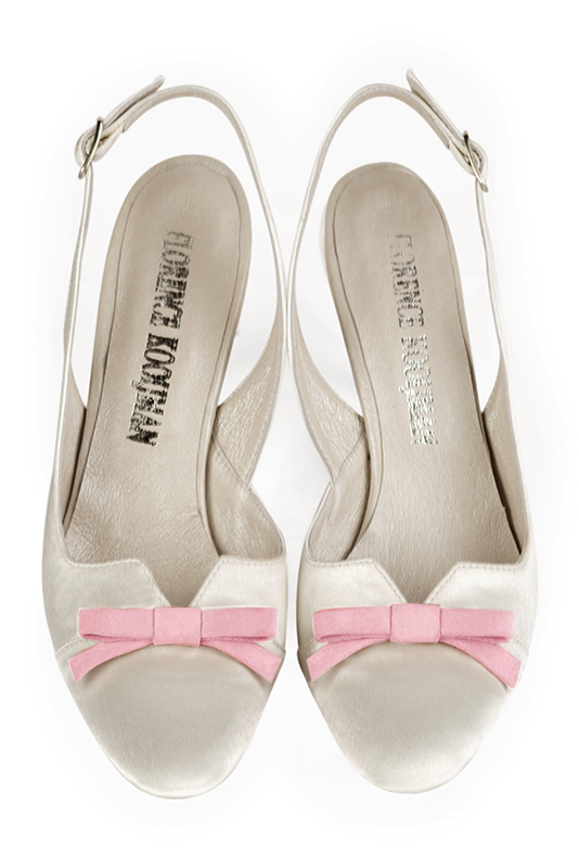 Pure white and carnation pink women's open back shoes, with a knot. Round toe. High slim heel. Top view - Florence KOOIJMAN
